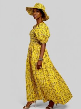 Yellow Printed Puff-Sleeve Maxi Dress with Matching Hat